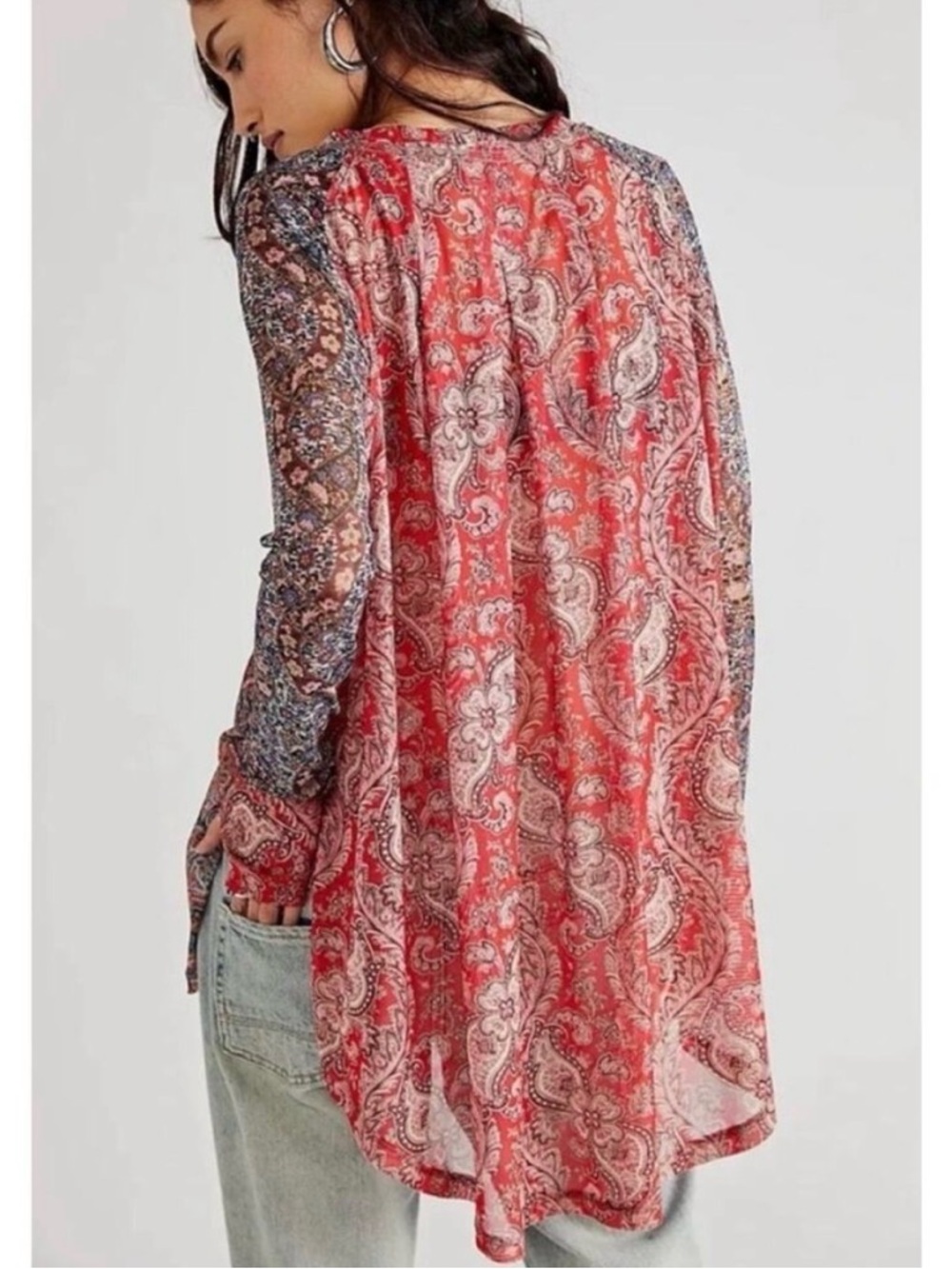 Free People Bohemian Printed Oversized Mesh Long Sleeve Flowy Arianna Tunic Top